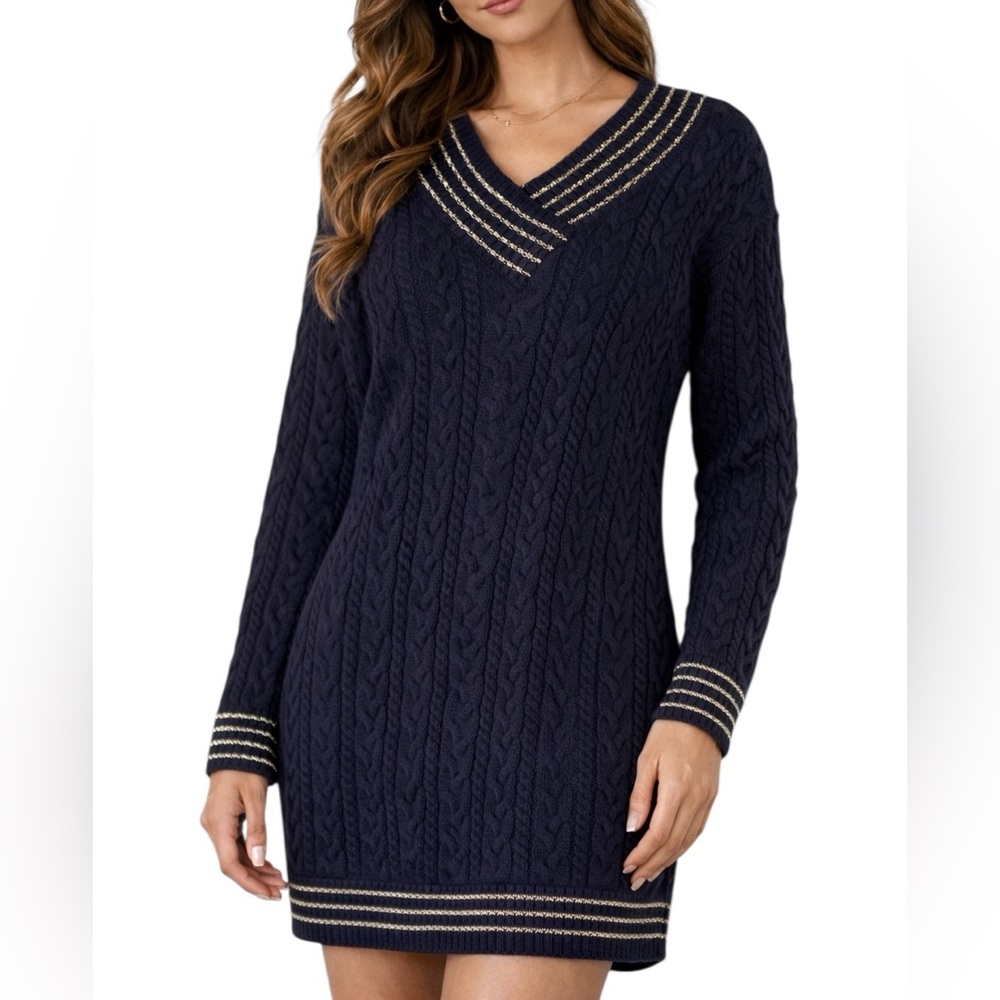 Eggie women navy chunky knit V neck sweater dress